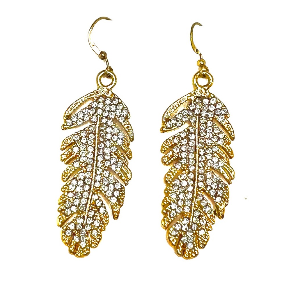 Crystal Rhinestone Bling Feather Drop Dangle Diamond Gold Earrings